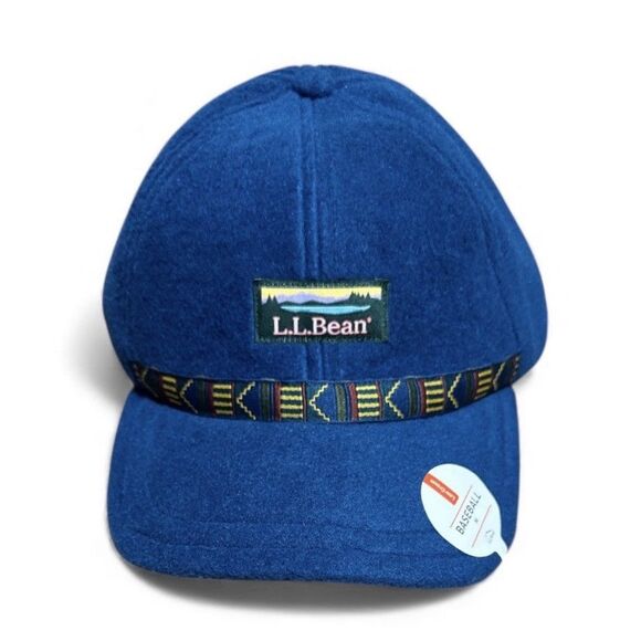 NWT LL Bean Fleece Hat Ear Flaps Winter Baseball Cap Men’s M Blue Aztec Trim - Picture 1 of 8